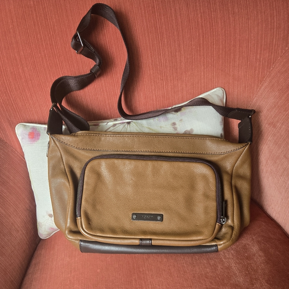 Coach Tan Leather Messenger Bag with Dark Brown Trim